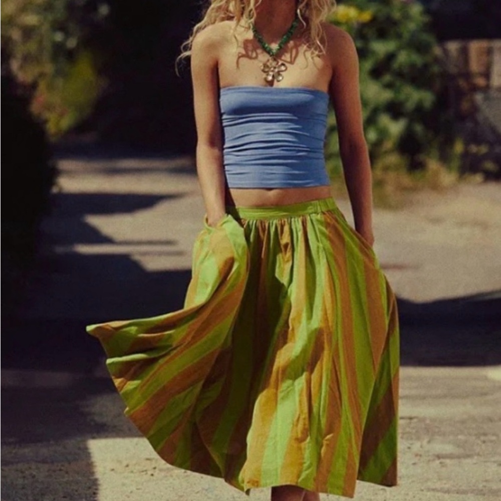 Free People Green and Tan Striped Full Skirt